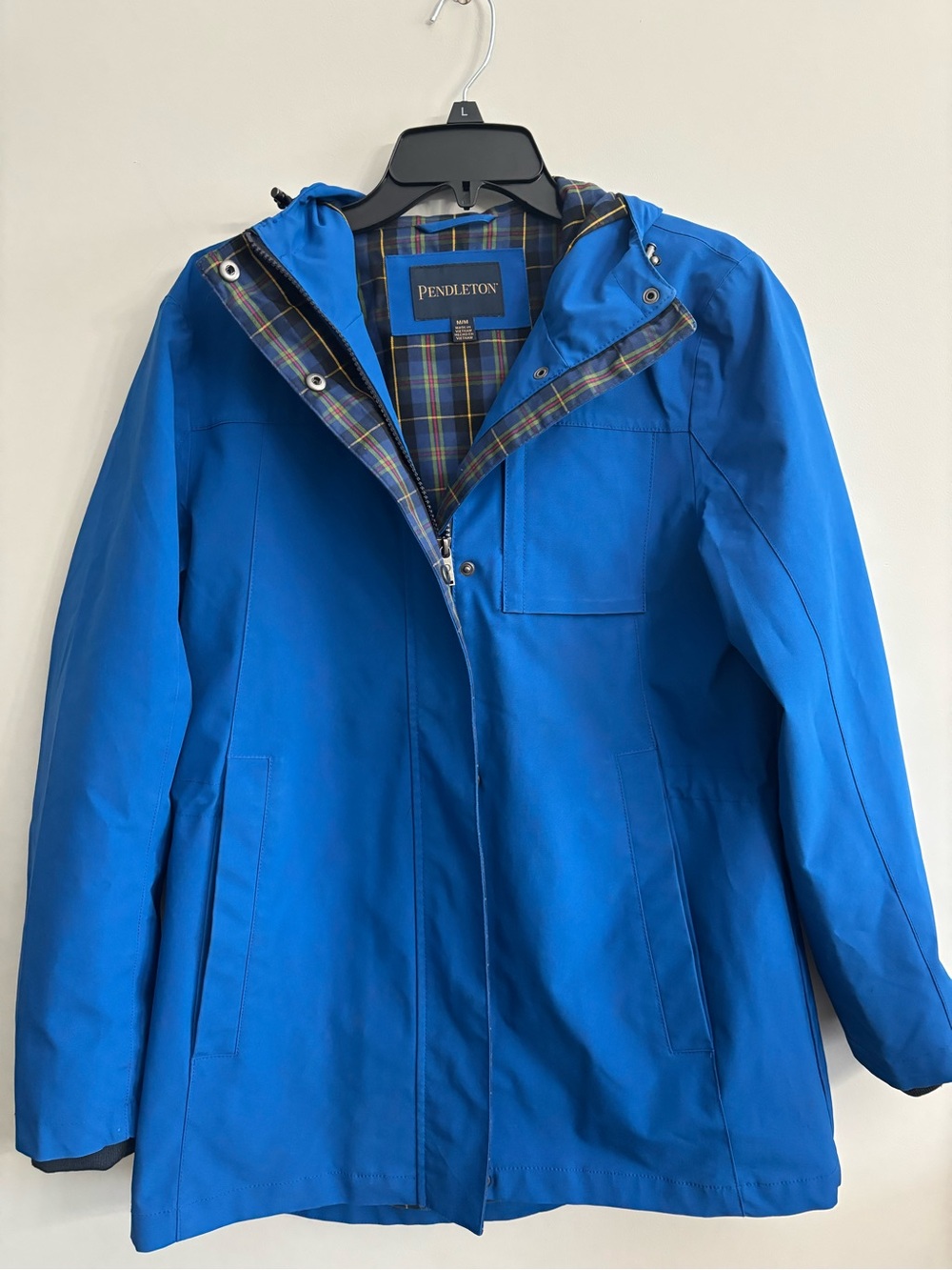 Pendleton Bright Blue Hooded Raincoat with Plaid Lining